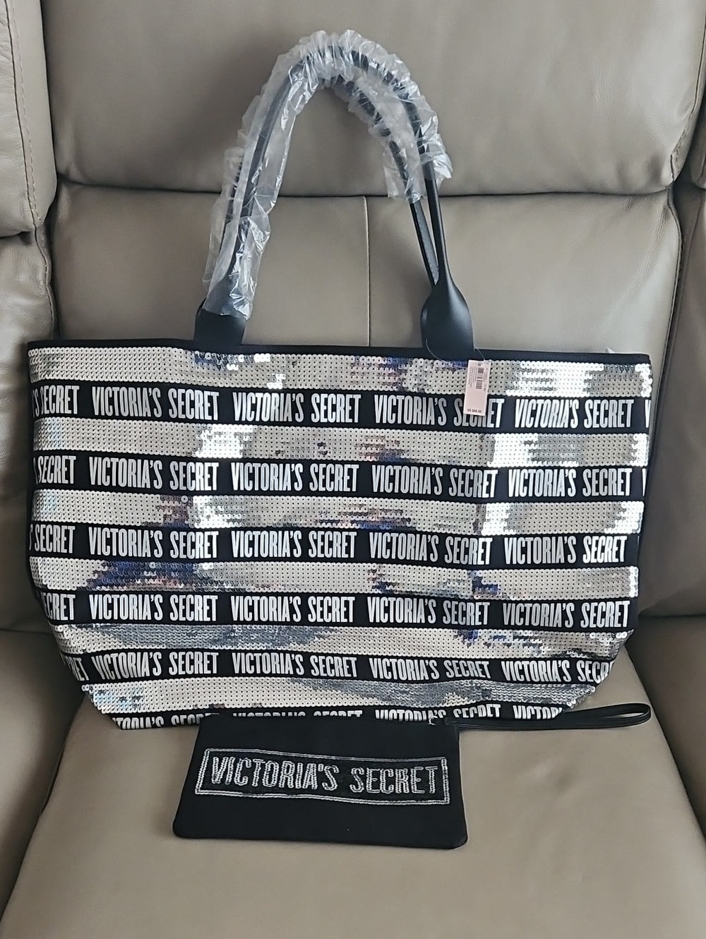 NWT Victoria's Secret Black and Silver Sequin Logo Tote
